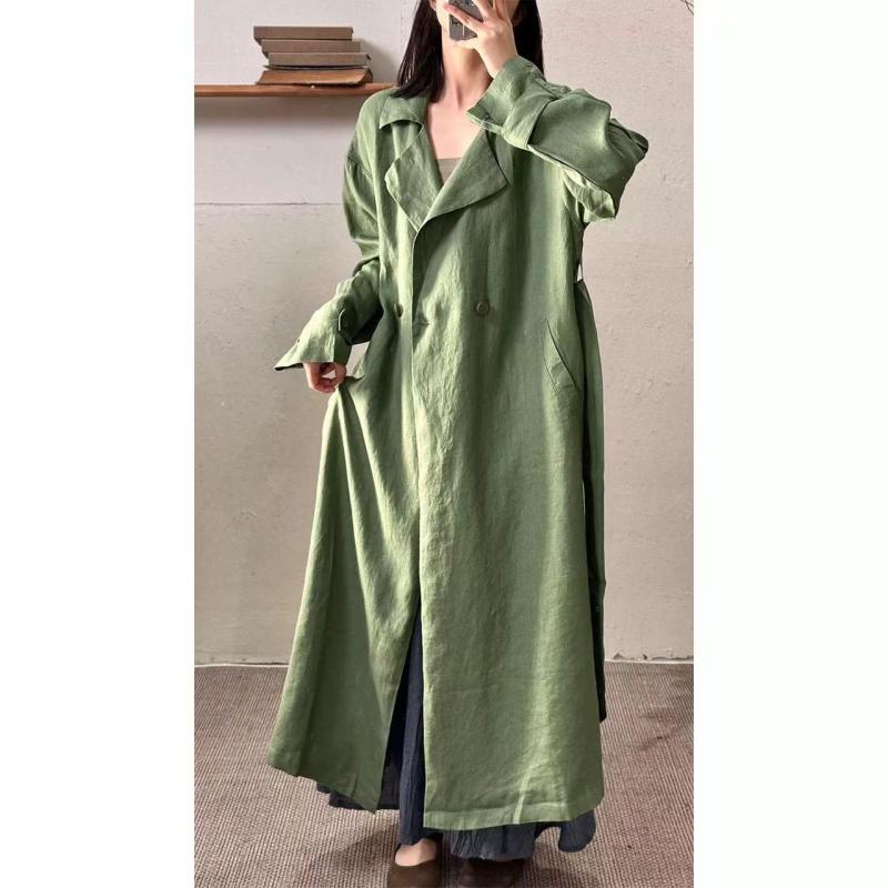春夏 トレンチコート ロング丈 リネン 原料品 襟 ビッグ影ぼうし 御膳上等感 酉の方角うつり変わり 通気性 軽さ ゆったり 相応う  お上さん用 アウター