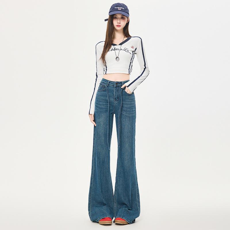 デニムパンツ レディース 春夏 ハイウエスト 微フレア ストレッチ 収腹 ヒップアップ 切り替え デザイン カジュアル 普段使い 快適 フィット