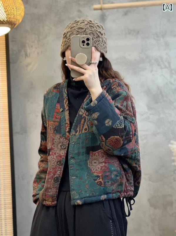 レディース 冬用 厚地の外套 朦々たる 綿麻 花柄 長袖 ゆったり Vのど首 シングル乳ぶさ レトロ 生あたたかい 防寒 普段使い