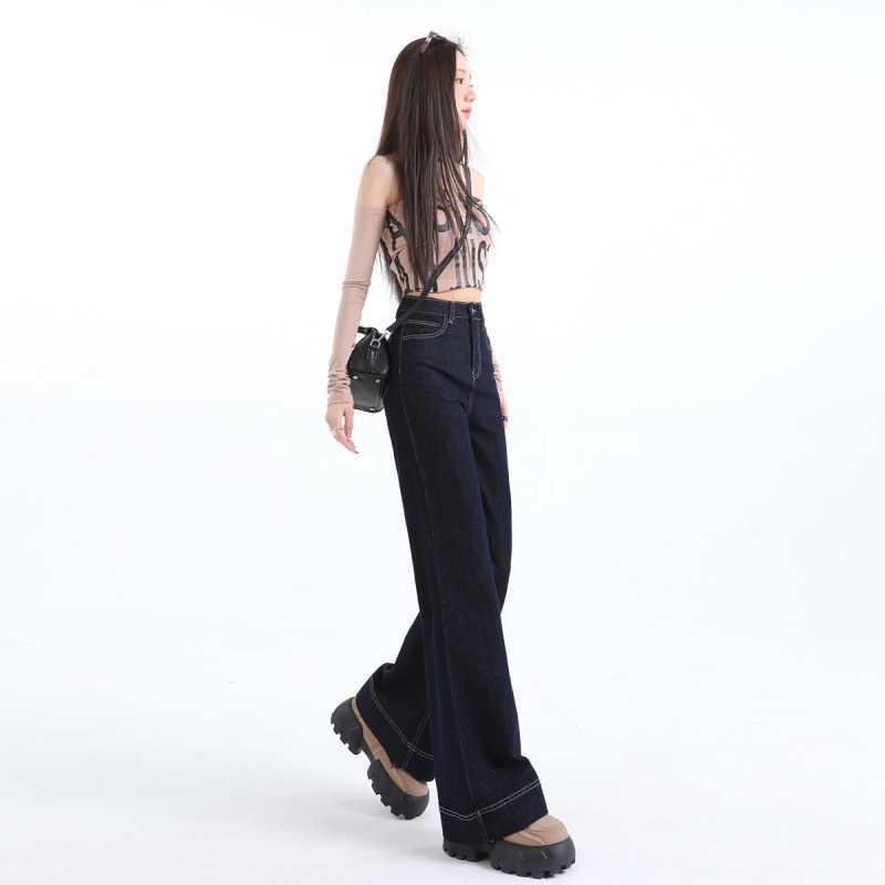 レディース デニムパンツ ハイウエスト ワイドレッグ フレア 伸縮性 脚張り付き防止 スリムシルエット ドレープ感 ロング丈 カジュアル 普段使い デニム素材 ゆったりフィット
