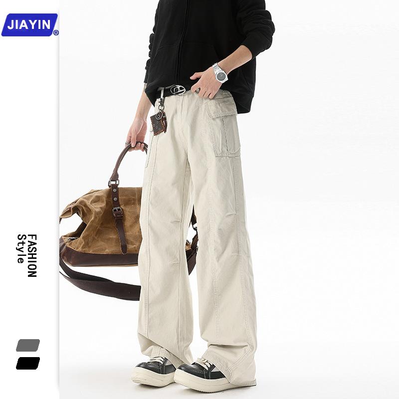 カーゴパンツ ユニセックス アメリカン レトロ ヴィンテージ グレー プリーツ フレア ゆったり カジュアル ストリート ストレート 高級感