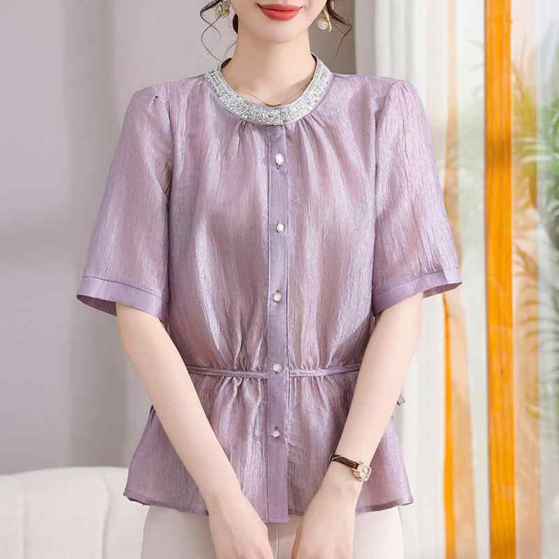 夏 薄手 短袖 カーディガン レディース ママ服 シンプル 上品 カジュアル ドローストリング 丸首 スリム ウエストシェイプ 日常使い 軽量 吸湿速乾