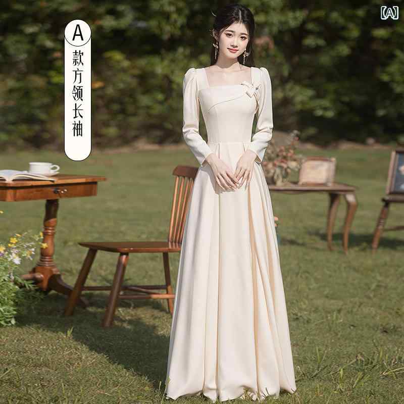 ブライズメイドドレス レディース チャイナ 長袖 シャンパンカラー サテン生地 高級感 モダンスタイル 春 結婚式用 エレガント フォーマル 女性向け 礼服 華やか 洗練