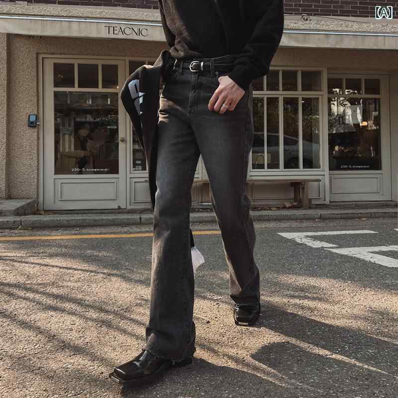 メンズ レトロ 微フレア デニムパンツ 秋冬 高級感 韓国 トレンド ストレート ロング丈 カジュアル 普段使い コットン 素材 伸縮性 快適 フィット|サポートシェアグローバル