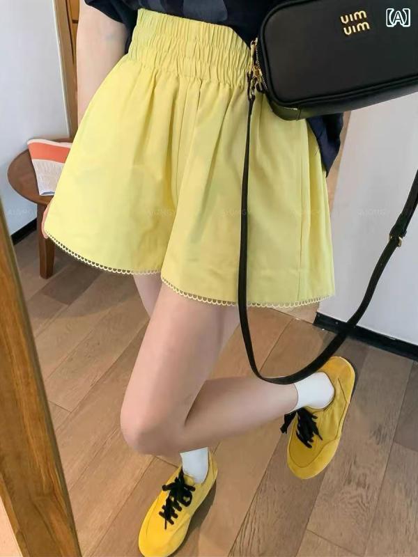 レディース 夏用 Aライン ショートパンツ ライトピンク マルチカラー 梨形対応 ワイドヒップ 快適 カジュアル 膝上丈 小花レース ストレッチ 普段使い 軽量 伸縮性