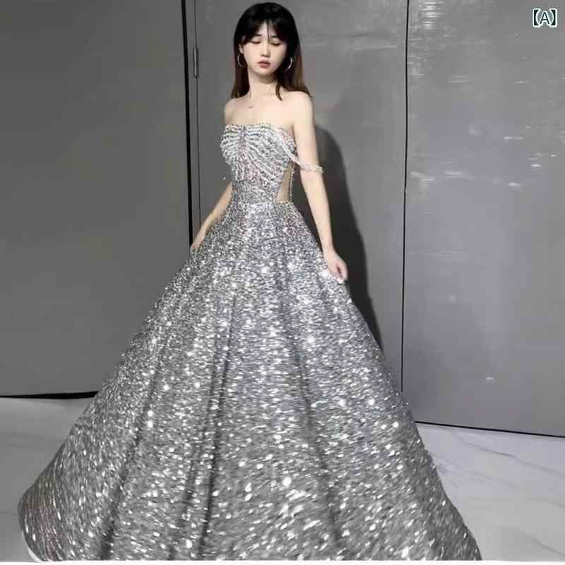 ドレス フォーマル 成人式 卒業式 結婚式 花嫁 司会者用 シルバー キラキラ 光沢 ワンピース セレモニー パーティー スタイリッシュ 6,123円
