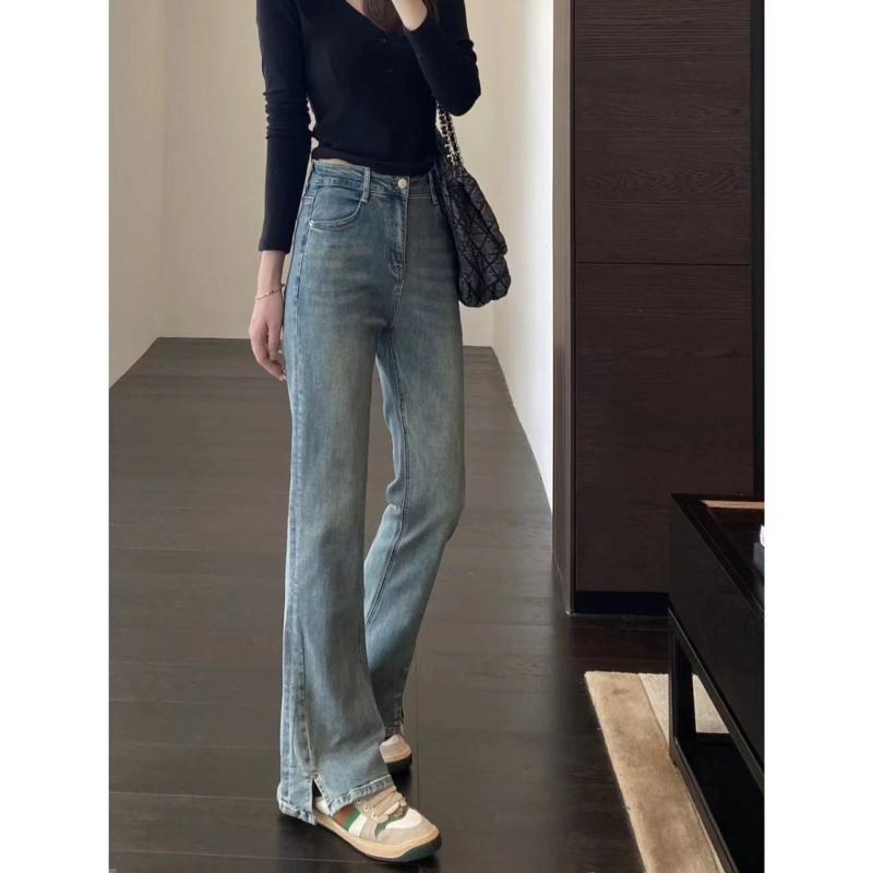 レディース デニムパンツ ハイウエスト スリット マイクロフレア スリム 脚長 秋 伸縮性 普段使い 軽量 再生繊維