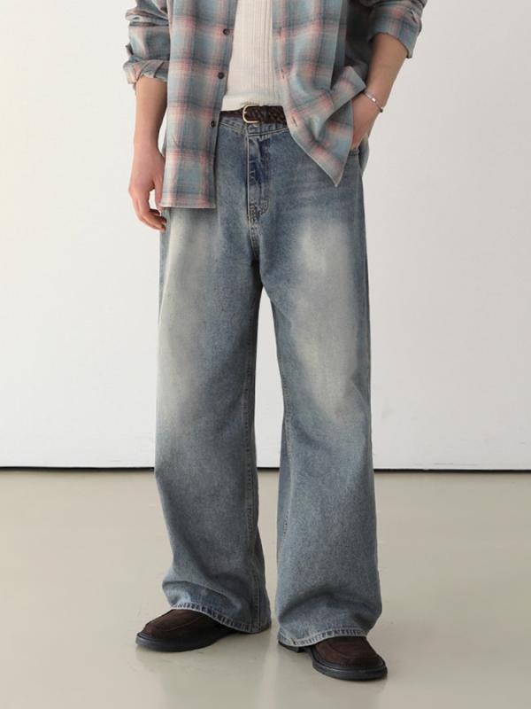メンズ デニムパンツ 秋用 ワイドレッグ ゆったり ストレート 床引き ヴィンテージ加工 ウォッシュド カジュアル ルーズフィット ロング丈 トレンド ジーンズ 牛仔 デニム素材 快適 日常使い|サポートシェアグローバル