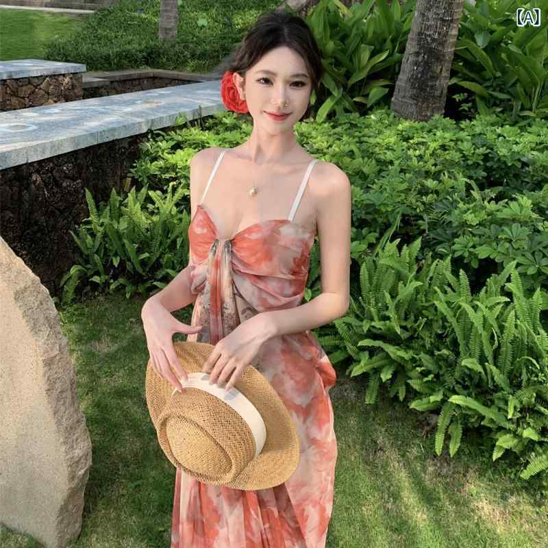 ワンピース レディース 夏 リゾート 新中式 タイダイ染め 高級感 スリムシルエット エレガント ユニーク 軽量 吸湿速乾 花柄 膝丈 フレア