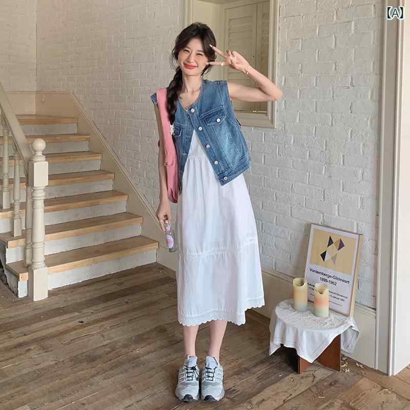レディース 夏 デニム ベスト 吊り帯 ワンピース セット 白 スリム デザイン 若々しい スタイル カジュアル 普段使い 軽量 綿混 素材 伸縮性 快適 着こなし