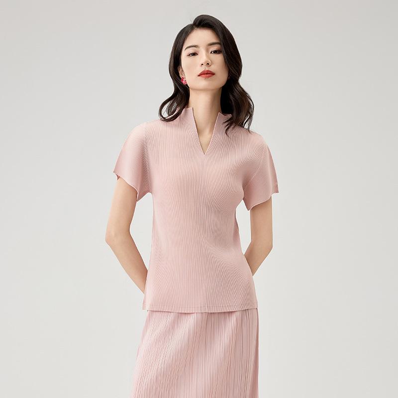 Tシャツ 半袖 Vネック プリーツ 無地 夏 スリムフィット 高級感 上品 スタイル トップス ベーシック カジュアル 4,208円