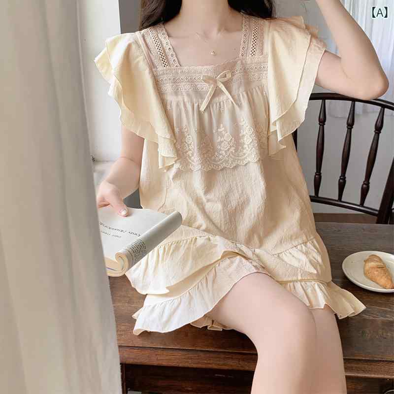 女性用 パジャマ 夏用 無袖 ショートパンツ セット 体型カバー レース フリル プリンセス 綿100% 部屋着 高級感 ゆったりシルエット 通気性 かわいい ホームウェア