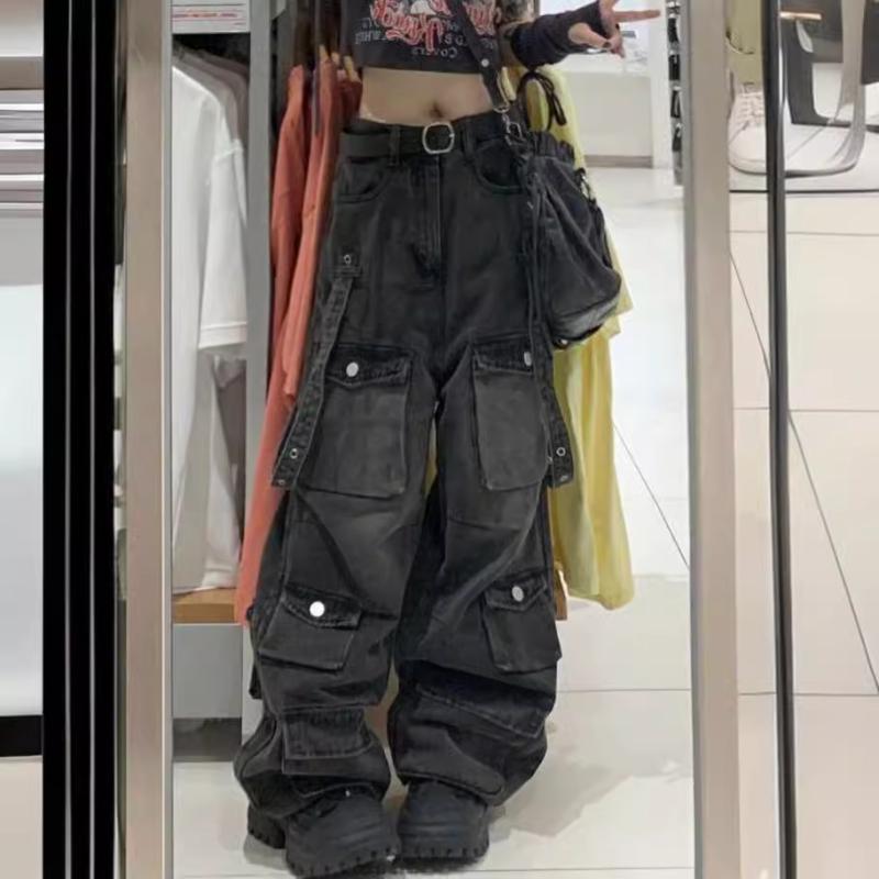 デニムパンツ レディース アメリカンスタイル プラスサイズ ウォッシュ加工 ミリタリー 多ポケット 立体デザイン ストレート ワイドレッグ ゆったり ロング丈 カジュアル 普段使い デニム素材 ルーズフィット