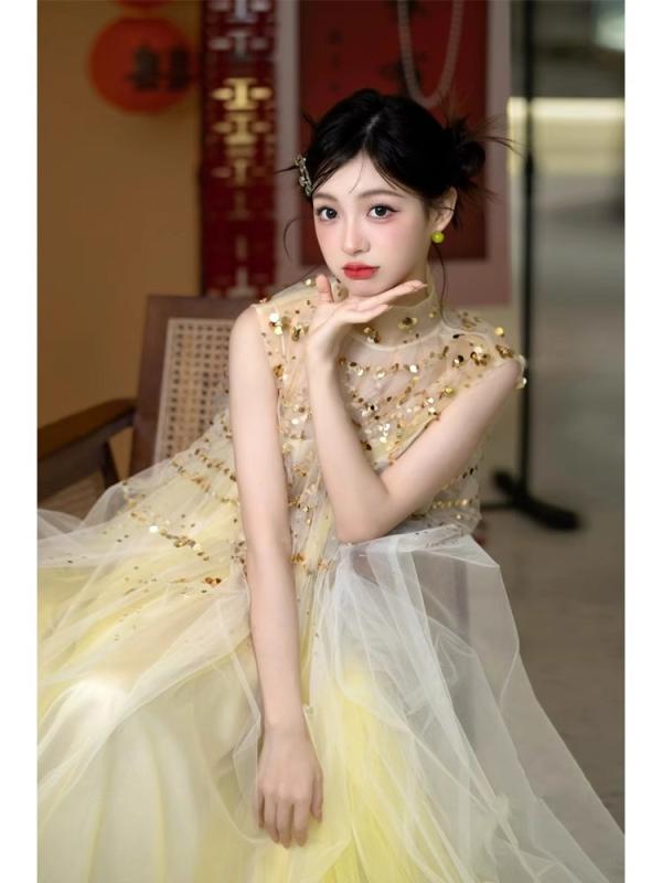 レディース ウェディングドレス イエロー 軽量 チャイナ風 モーニングドレス 結婚式用 敬酒服 フォトウェディング フォーマルウェア ユニーク