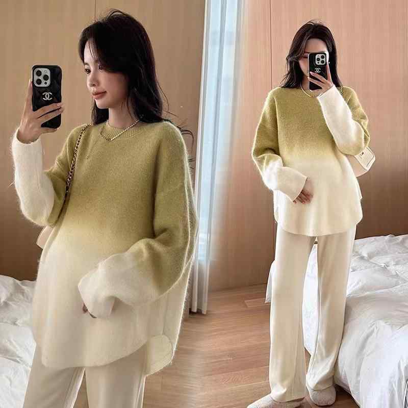 妊婦服 秋冬 セット ゆったり グラデーション グリーン ニット トップス パンツ ツーピース ルーズ スタイル 日常使い 快適 柔らかい 素材 リラックス フィット