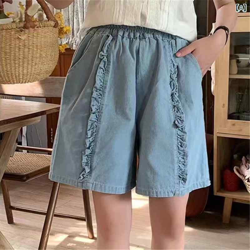 女性用 デニム ショートパンツ 夏用 ゆったり ワイドレッグ ストレート 膝上丈 フリル レース 花辺 カジュアル 普段使い デニム素材 軽量 伸縮性 ビッグシルエット ブルー系