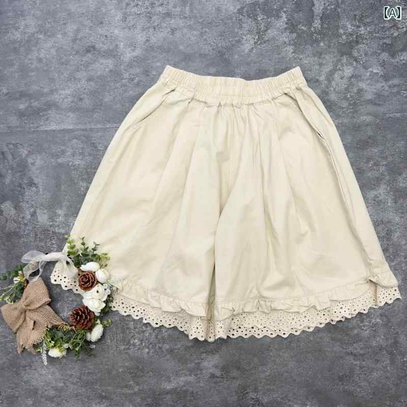 レディース ワイドレッグ ショートパンツ かわいい レース フリル コットンリネン 夏用 シンプル ゆったり ビッグシルエット ゴムウエスト 大きめ サイズ カジュアル 普段使い 吸湿速乾｜サポートシェアグローバル