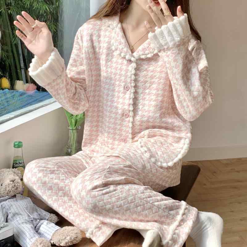 秋冬 産後服 授乳パジャマ セット 綿素材 軽量 エアコットン ヘリンボーン柄 中綿 カーディガン 部屋着 暖か 伸縮性 女性用