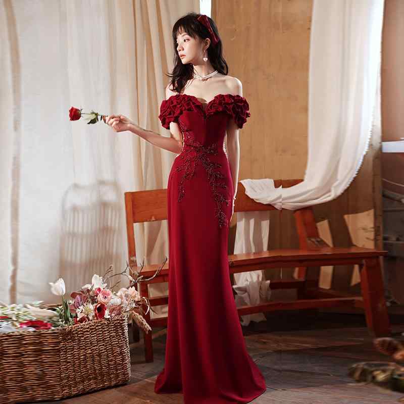 レディース 結婚式用 ワインレッド オフショルダー マーメイドドレス エレガント イブニングドレス フォーマル 披露宴 女性 パーティー スタイリッシュ 高級感