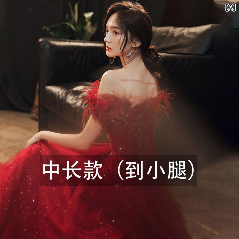 ワンピース レディース 赤 ロング丈 冬用 結婚式 敬酒服 新婦用 上品 デザイン 婚約 回門礼服 イブニングドレス フォーマル スタイル