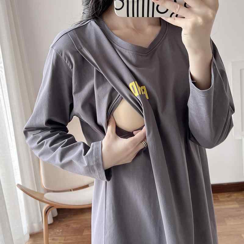 妊婦 授乳 ワンピース 長袖 薄手 夏用 産後 対応 外出着 ゆったり シルエット 伸縮性 素材 コットン 混 ブラック ピンク アイボリー カラー 展開 春夏 秋冬 通年 対応 4,280円