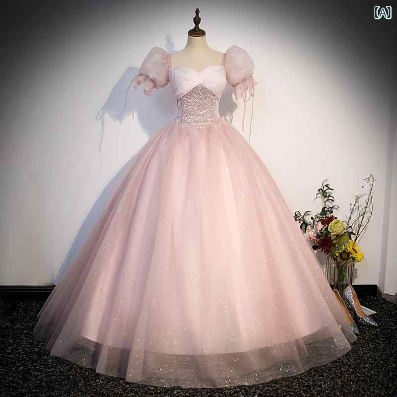 ウェディングドレス 春 ピンク プリンセス 新婦用 敬酒ドレス ステージパフォーマンス 司会礼服 フォーマル イブニング 結婚式 エレガント ロング丈 女性用