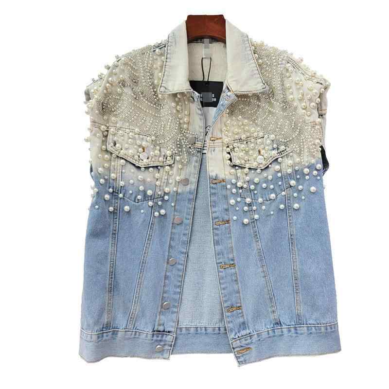 春夏 レディース デニム ベスト ゆったり シルエット スリム 効果 ウォッシュ 加工 高級感 ジルコニア ビーズ スタッズ 装飾 軽量 伸縮性 吸湿 速乾 通勤 普段使い カジュアル スタイル