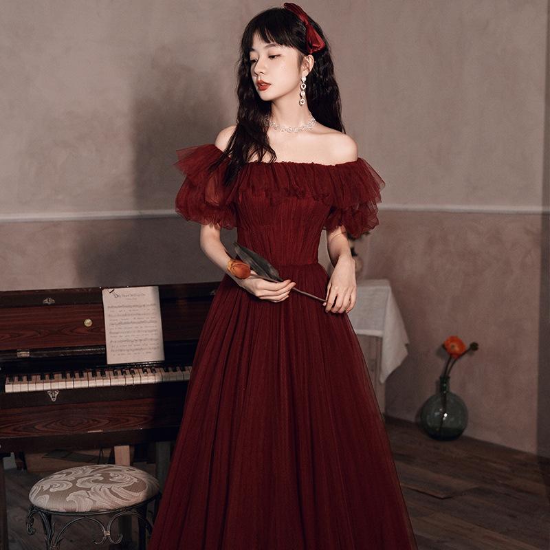 妊婦用 マタニティ 結婚式ドレス 花嫁 敬酒服 ワインレッド ロング丈 オフショルダー スリムライン エレガント スタイルアップ フォーマル 二次会 対応 快適
