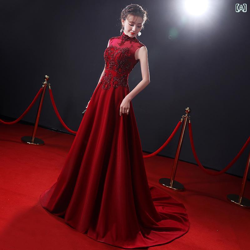 ウェディングドレス チャイナ レディース 冬用 赤 ロング丈 Aライン スタンドカラー 結婚式 パーティー用 フォーマル 敬酒 イブニング|サポートシェアグローバル
