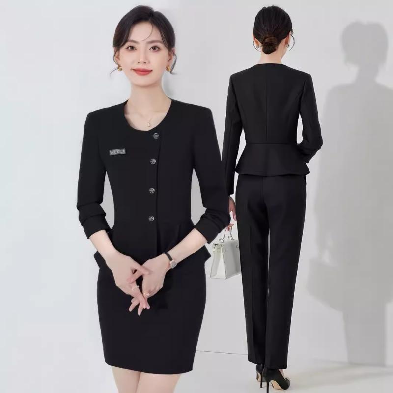 女性用 スーツセット 春秋 高級感 ビジネス 制服 ホテル マネージャー フロントデスク 宝石店 美容院 仕事着 フォーマル ウェア ジャケット スカート セット ポリエステル 素材 ストレッチ 機能 通勤 普段使い オフィス スタイル