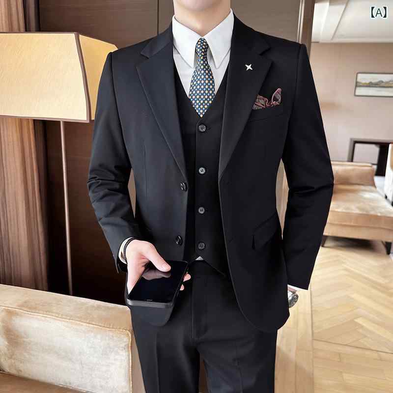 メンズ スーツ 秋冬 結婚式 ビジネス スリムフィット 3点セット 伴郎用 フォーマル 正装 細身 職業 セットアップ