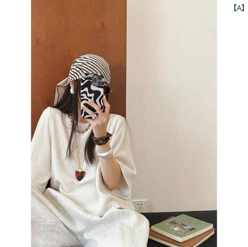 レディース トップス 中袖 ワーヘル織り 麻混紡 御膳上等感 軽さ 伸縮性 2色取りひろげる トップ ティーシャツ 普段使い走り 通い用 パステル色の手当たり 冷やりとした原料品