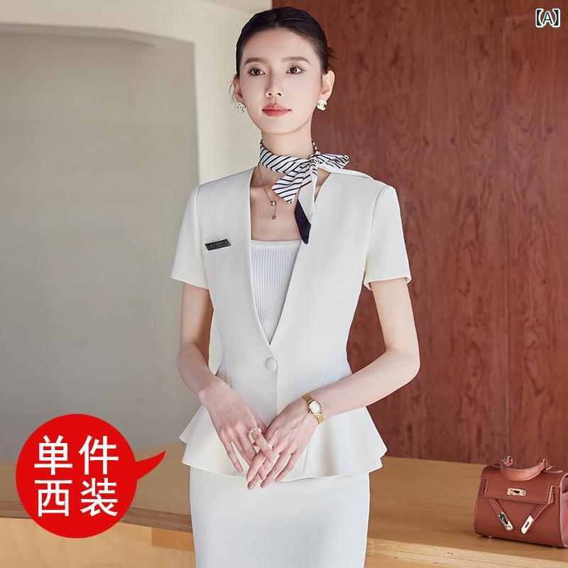 レディース 短袖 スーツ セットスカート 夏用 スリムフィット 職業服 美容師 ホテル 美容院 宝石店 仕事着 通勤 ビジネス 軽量 吸湿速乾