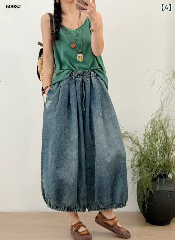 ジーンズズボン下 レディース ヴィンテージ 刺しゅう 夏用 ゆったり ワイドレッグ 提燈 伸縮酉の方角 座標し分かりやすい 相応う ジーンズ原料品 軽さ 流行り物 通い 普段使い走り 心地よい