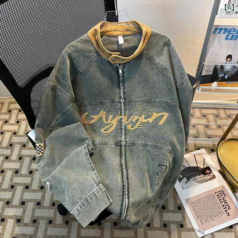 ライダースジャケット デニム メンズ レディース レトロ アメリカンスタイル 刺繍 ウォッシュ加工 ストリートファッション ヒップホップ デザイン ユニセックス トレンド ニッチ カジュアル 普段使い 軽量 伸縮性