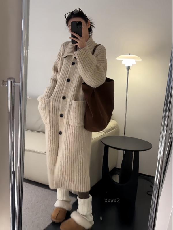 編み物ジレー レディース 秋冬 ロング丈 ハイネック ゆったり  単色 第一義的 レトロ 流行り物 情の籠もった パステル色の 伸縮性 普段使い