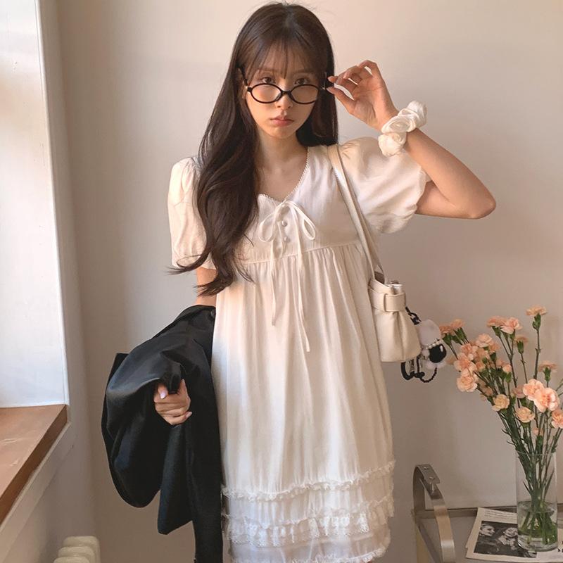 ワンピース レディース 夏 韓国 レース 花柄 Vネック 中長丈 エレガント 優しい ファッション ドレス 膝丈 膝下丈 軽やか 日常使い 通勤 通学 女性用 春夏 秋 涼しい 接触冷感 伸縮性 綿混 再生繊維 ピンク系 ブラック アイボリー