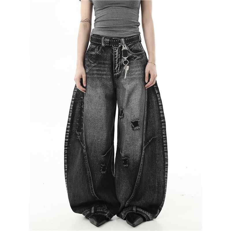 デニムパンツ レトロ アメリカンスタイル ストリート ヒップホップ ダメージ デザイン ウォッシュ加工 ルーズ ワイドレッグ カジュアル ボトムス デニム素材 通勤 普段使い