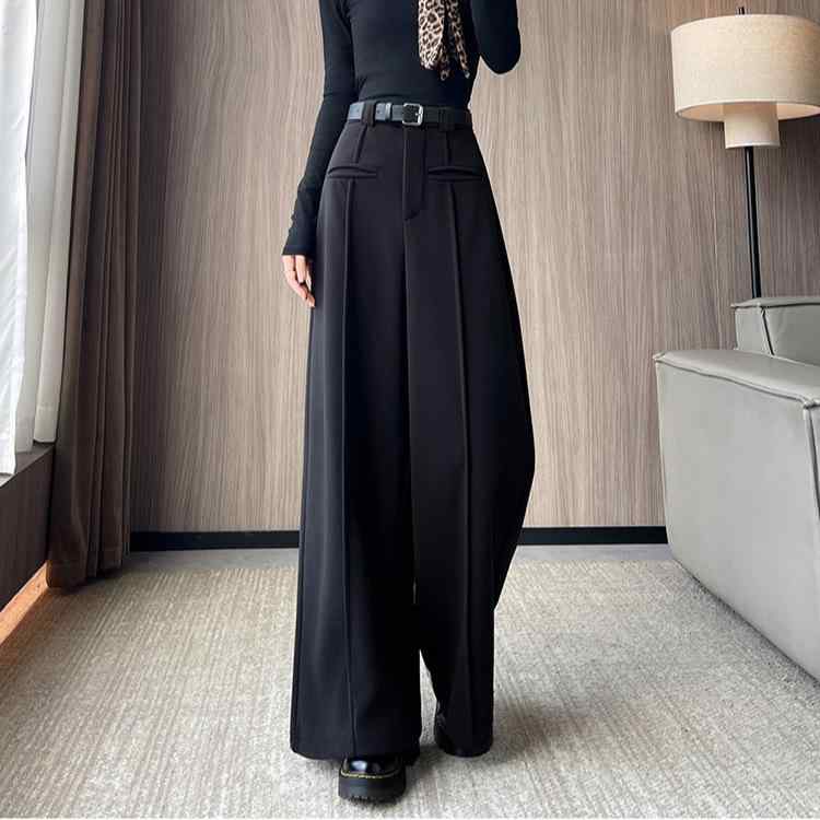 ワイドパンツ レディース 秋冬 高級感 ブラック 厚手 ウール混紡 暖か ゆったり スリム見え ストレート スーツスタイル ビジネスカジュアル ルーズフィット 筒型