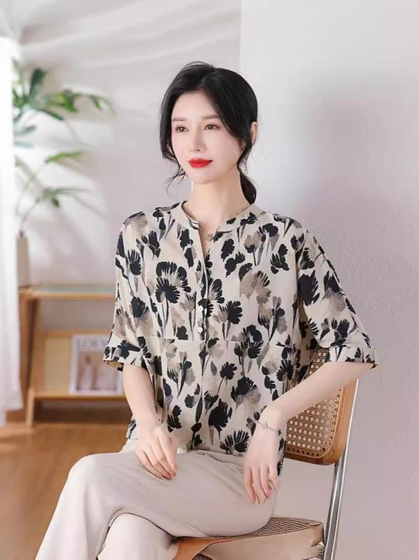 Tシャツ 中年女性用 春夏 半袖 シフォン ゆったり 中華 トップス ママ服 軽量 吸湿速乾 普段使い 部屋着