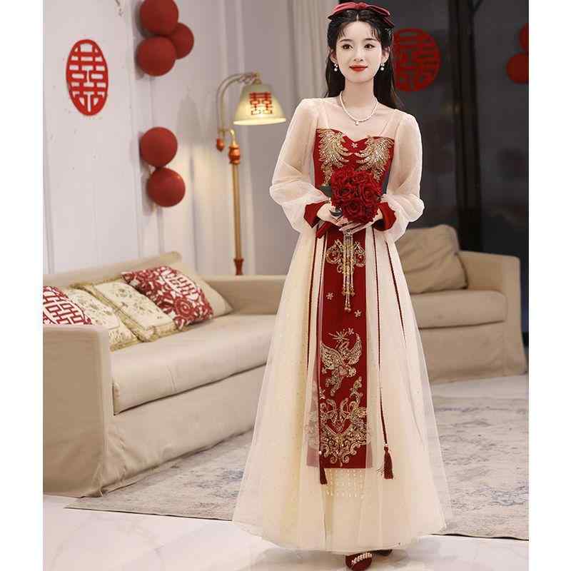 レディース ウェディングドレス 中国 シャンパンカラー チュール 新婦用 トーストドレス イブニングドレス フォーマル 結婚式 乾杯服 エレガント シルク調 軽量 ハイネック ロング丈