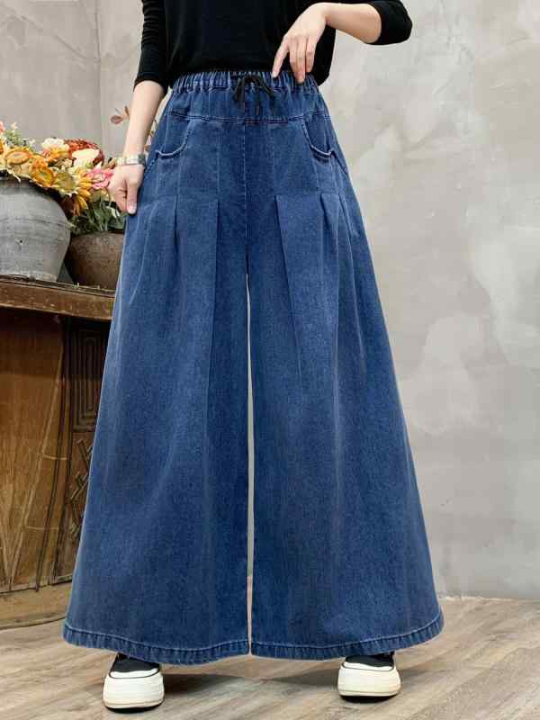 デニムパンツ レディース 春夏 ワイドレッグ ハイウエスト ゆったり 切り替えポケット ドローストリング 伸縮性 ストレートシルエット 単色 カジュアル 普段使い デニム生地