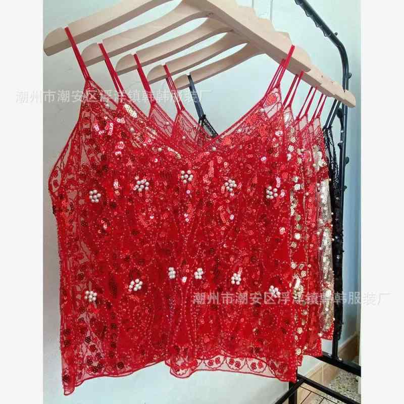 キャミソール レディース 夏用 スパンコール ビーズ ストラップ インナー トップス セクシー スリムシルエット ショート丈 Vネック タンクトップ おしゃれ トレンド 軽量 伸縮性 吸湿速乾 接触冷感