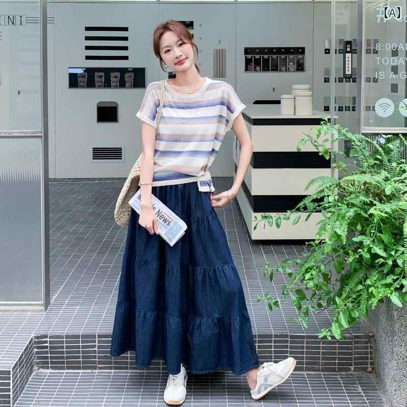 レディース トップス スカート セット 韓国 ストライプ ブラウス デニム ミディスカート 夏 カジュアル ゆったり フィット スタイル