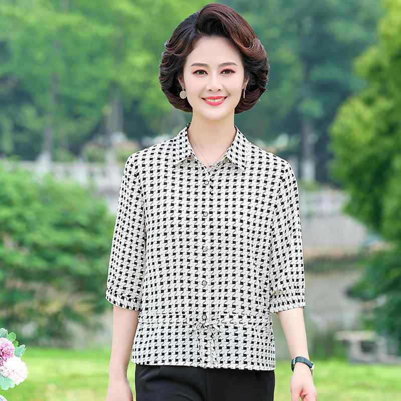 シャツ 中高年女性 夏用 七分袖 涼感 通気性 ゆったり チェック柄 ビッグサイズ ルーズフィット トップス ママスタイル コットン混 軽量 普段使い