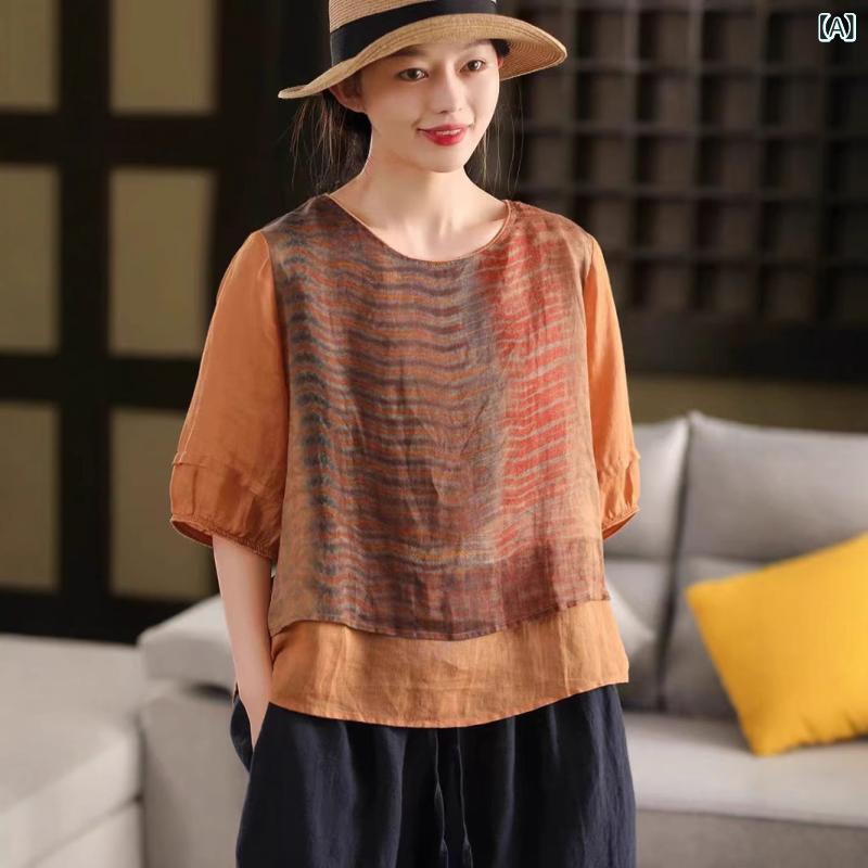 Tシャツ レディース レトロ 花柄 プリント ラミー 麻 フェイク ツーピース デザイン 丸首 中袖 トップス カジュアル 普段使い 軽量 伸縮性 吸湿速乾