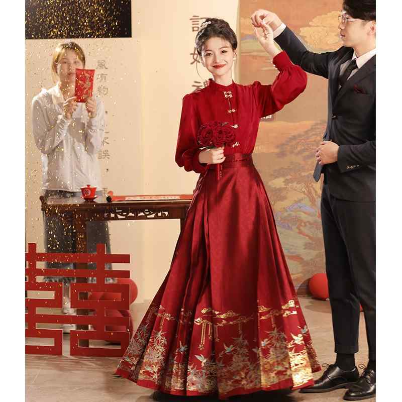 レディース 赤 チャイナドレス 馬面スカート 結婚敬酒服 現代中国 礼服 婚約セット 女性用 ウェディング ドレス 伝統柄 フォーマルウェア