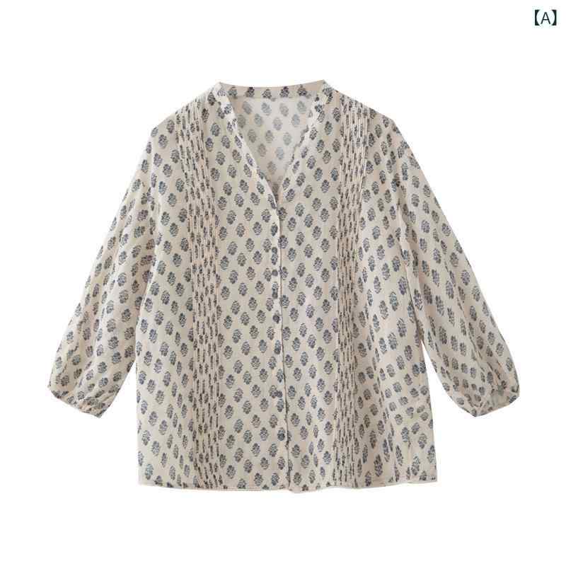 レディース 春夏 カラムシ 花柄 手風琴 筋目 Vのど首 七分 パフ捩り 軽さ ゆったり トップ トップス 麻原料品 吸湿速乾 普段使い