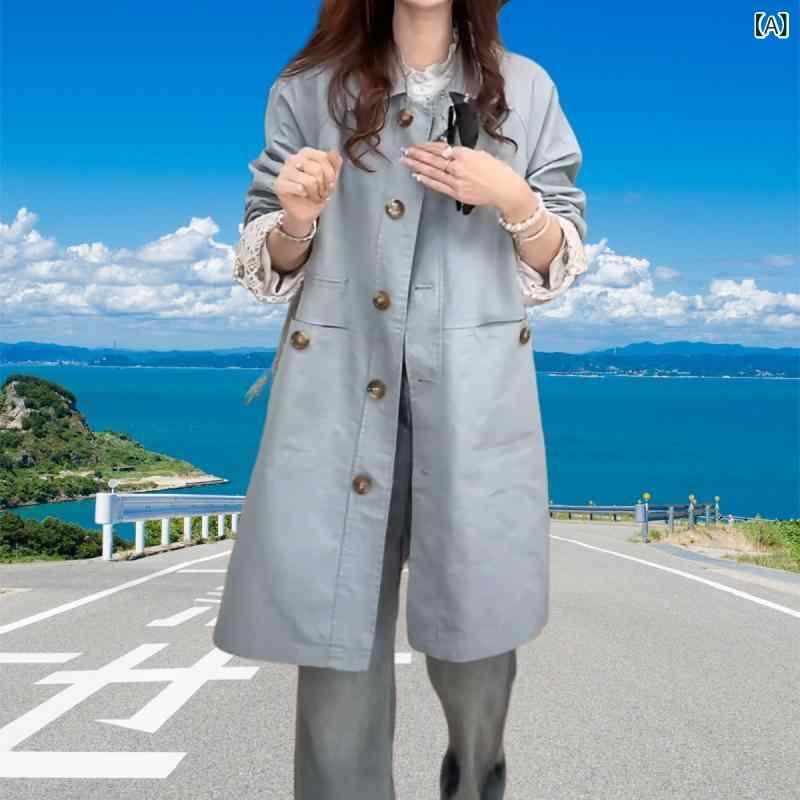 レディース トレンチコート 春 ミドル丈 韓国 ブルー ラペル アウター 軽量 吸湿速乾 通勤用 普段使い スタイリッシュ