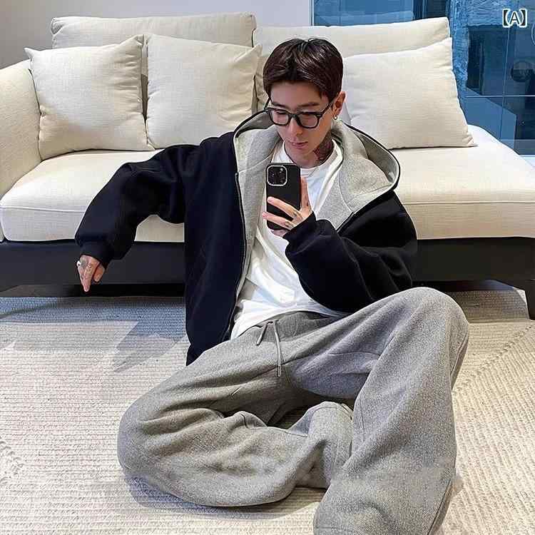 メンズ 厚手 ダブルジップ フーディー カラーブロック フィット カジュアル オープンカーディガン オーバーシルエット リバーシブル スウェット ジャケット ストリートスタイル アウター 暖か コットン混